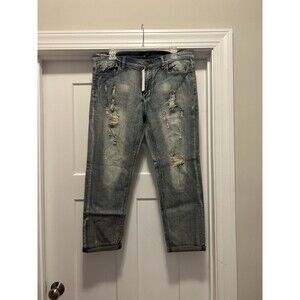 Relaxed Boyfriend Distressed Crop Ciffed Jeans Size 12 Women Midrise Stretchy
